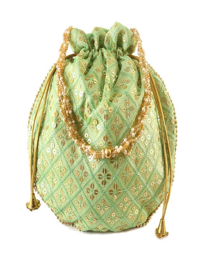 BINORI Traditional Sequins Potli Combo Drawstring Bags with Pearl Handle, Floral Embroidered Design (Pack of 5) - Image 3